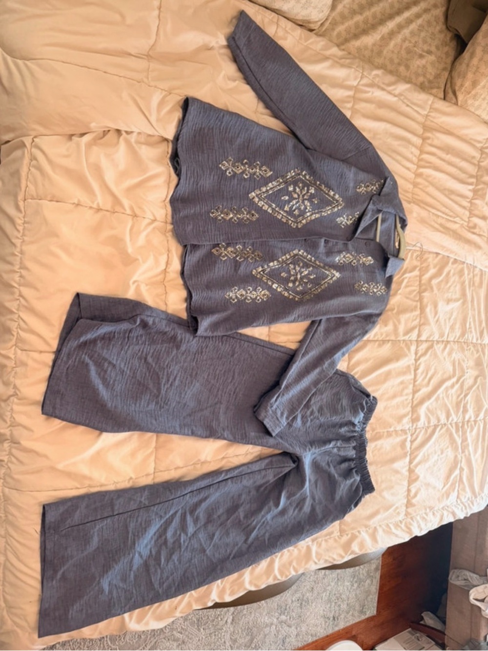 Women's Blue Embroidered Lounge Pants & Top Set